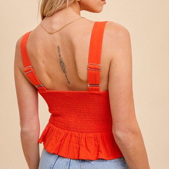 HEM & THREAD Red Smocked Peplum Top, Adjustable Straps Sweetheart Neckline - Picture 3 of 5